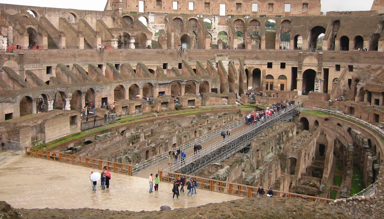 Interior of the Colosseum with the exposed underground structures