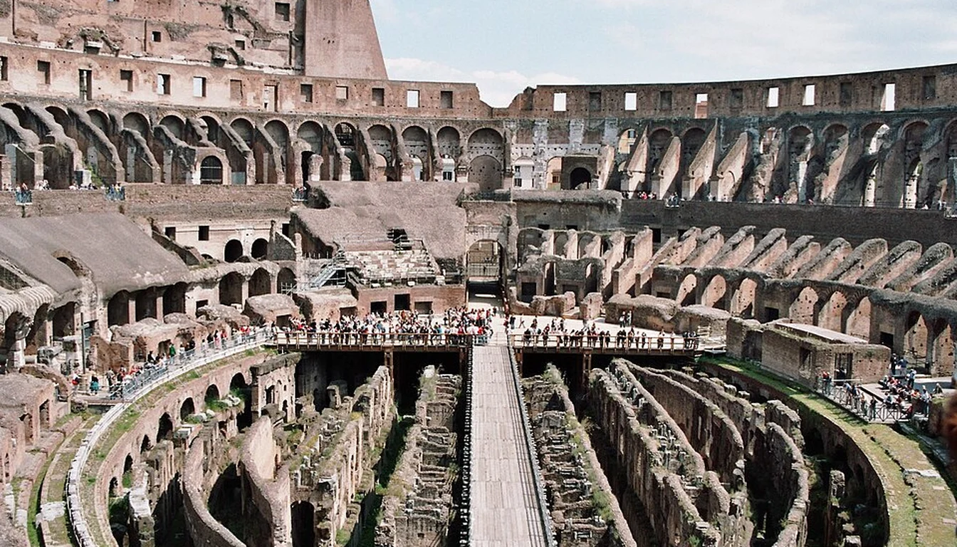 Daylight view of the Colosseum interior and exposed underground structures