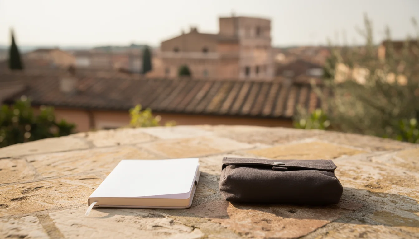 A blank notebook and a closed travel pouch on a stone table with rooftops behind
