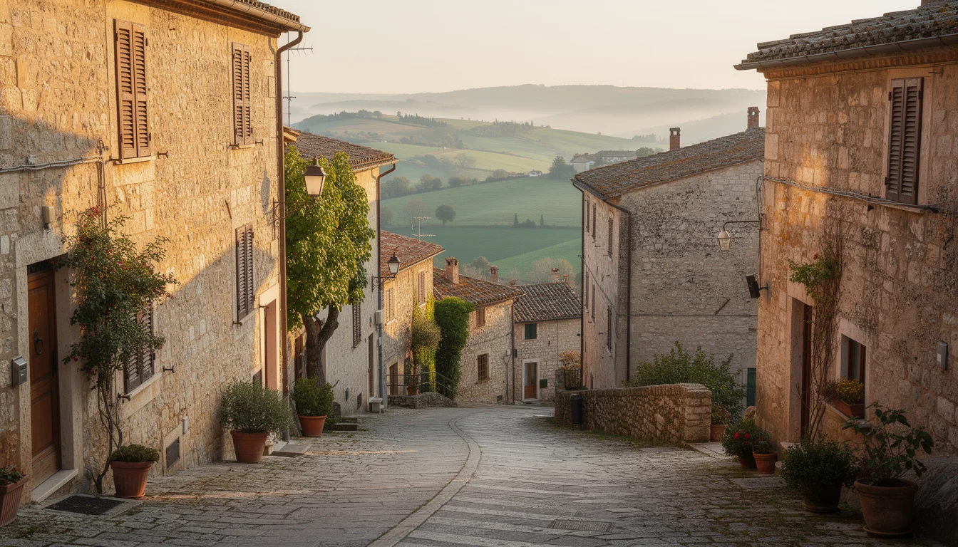 A quiet stone village lane overlooking green countryside
