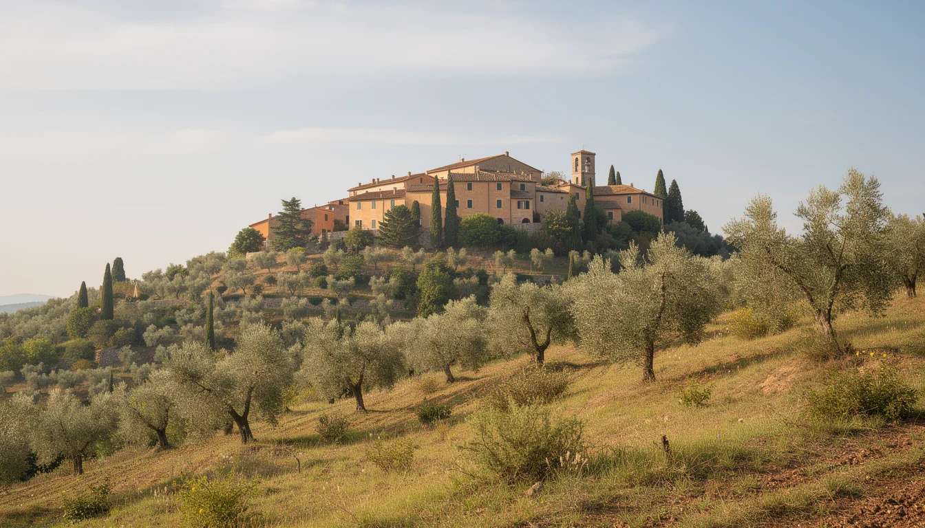A hillside village surrounded by olive trees and grassy fields