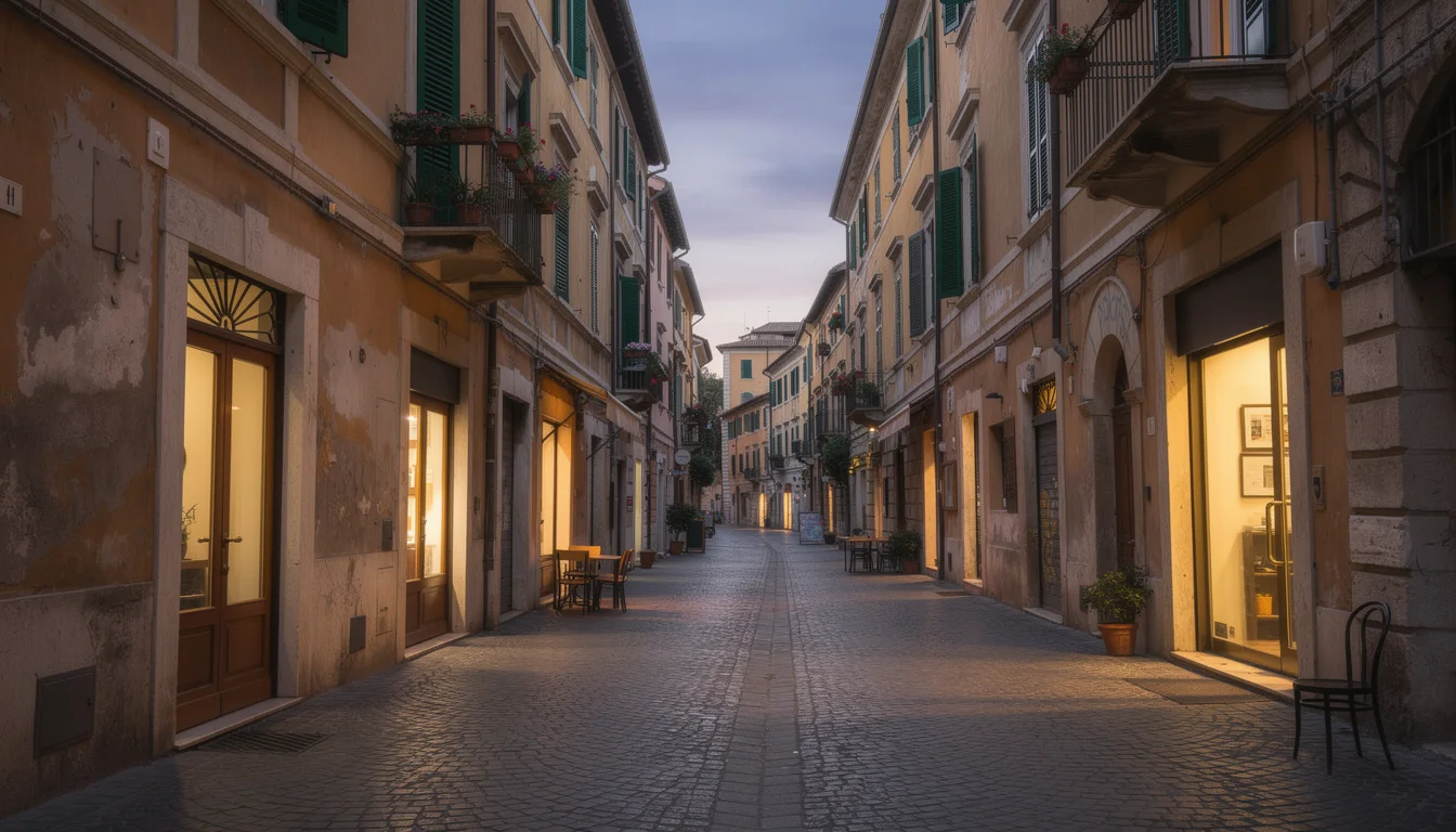 An empty cobbled lane with warm shop windows at dusk